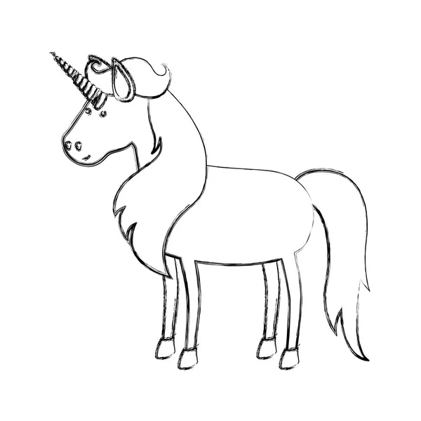 Monokrom kabur siluet kartun unicorn berdiri dengan surai panjang - Stok Vektor