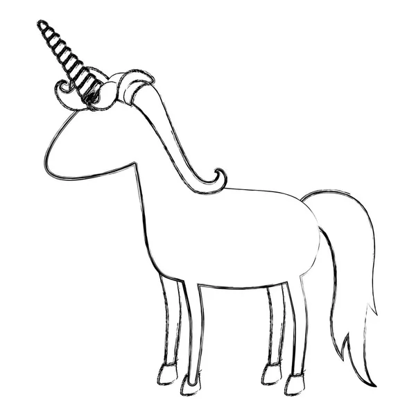 Monokrom kabur siluet kartun unicorn tanpa wajah berdiri dengan surai - Stok Vektor