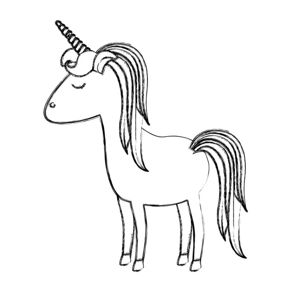 Monokrom kabur siluet kartun unicorn berdiri dengan mata tertutup dan surai bergaris - Stok Vektor