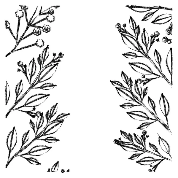 Silueta borrosa monocroma de ramas decorativas con flores — Vector de stock