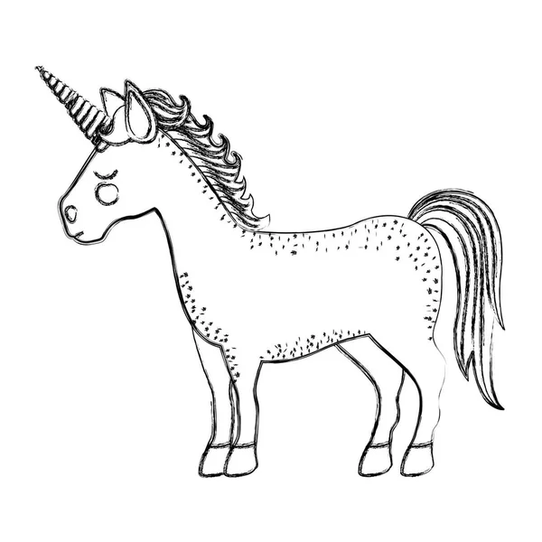 Monokrom kabur siluet kartun unicorn berdiri dengan mata tertutup - Stok Vektor