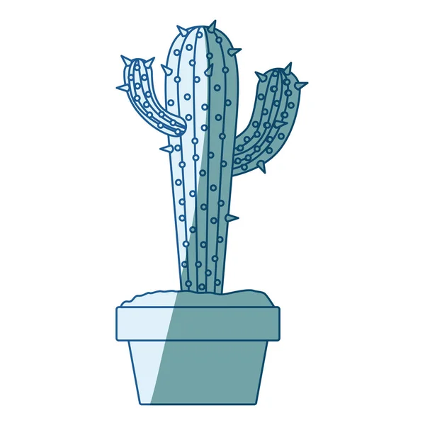 Silueta de sombreado azul con cactus con dos ramas en la parte superior en maceta — Vector de stock