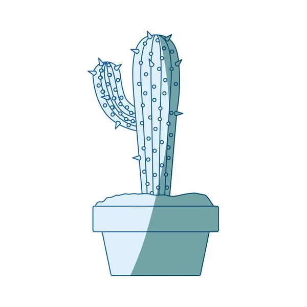 Silueta de sombreado azul con cactus con rama grande en maceta — Archivo Imágenes Vectoriales