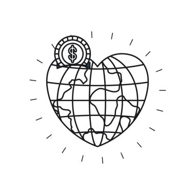 Dünya Dünya Dünya para dolar simgesiyle ile kalp şeklinde siluet para kutusu