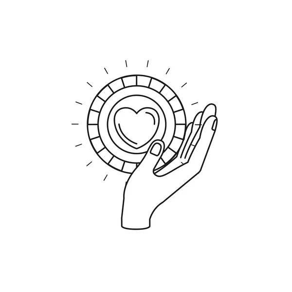 Silueta vista lateral de la mano sosteniendo en palma una moneda con forma de corazón dentro del símbolo de caridad — Vector de stock