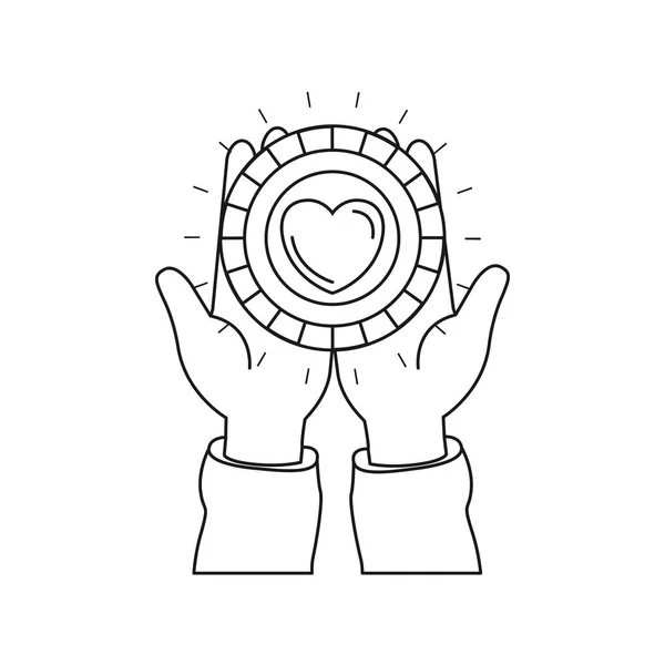 Silueta vista frontal de las manos sosteniendo en las palmas una moneda con forma de corazón dentro del símbolo de caridad — Vector de stock