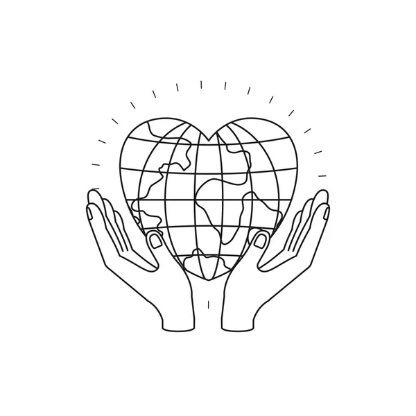 Silhouette hands with floating earth globe world in heart shape — Stock Vector