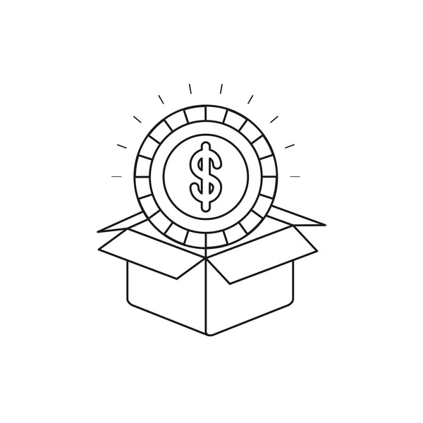 Silhouette mynt med dollarn symbolen inuti kommer ut av kartong — Stock vektor