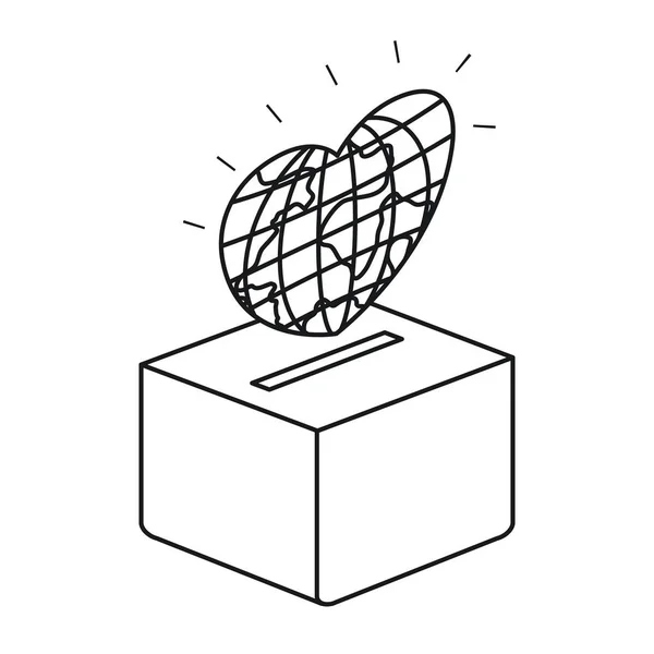 Силует плоский глобус Земля світ у формі серця відкладається в картонній коробці — стоковий вектор