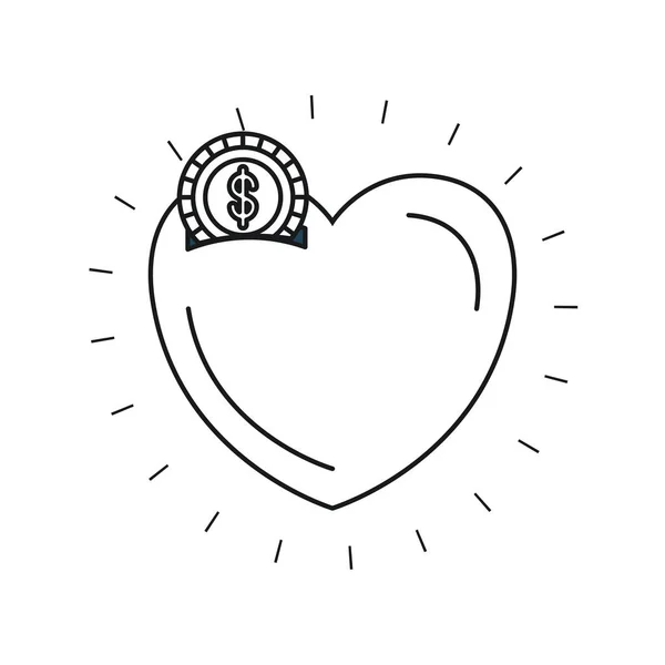Sylwetka pieniądze pudełko w kształcie serca z monet z symbolem dolara — Wektor stockowy