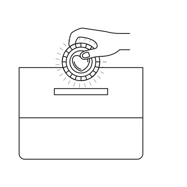 Sylwetka widok z przodu rękę z płaskim monety z serce symbol wewnątrz Deponowanie w pudełku — Wektor stockowy