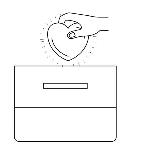 Silueta mano vista frontal con corazón plano depositando en una caja de cartón — Vector de stock