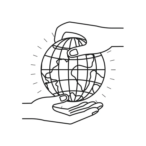 Silhueta vista lateral da palma humana segurando um globo terrestre símbolo de caridade do mundo para depositar em outra mão — Vetor de Stock