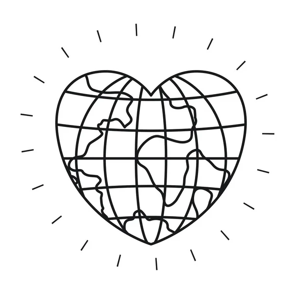 Silhueta vista frontal globo mundo da terra em forma de coração — Vetor de Stock
