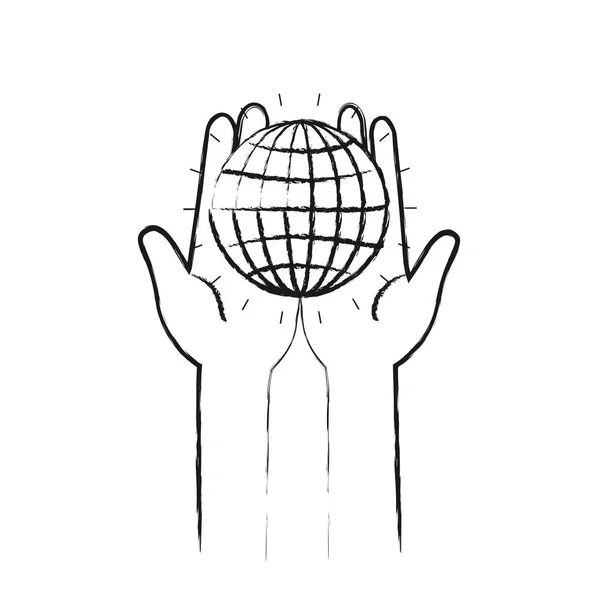 Silueta borrosa vista frontal de las manos sosteniendo en las palmas de una carta globo con líneas — Vector de stock