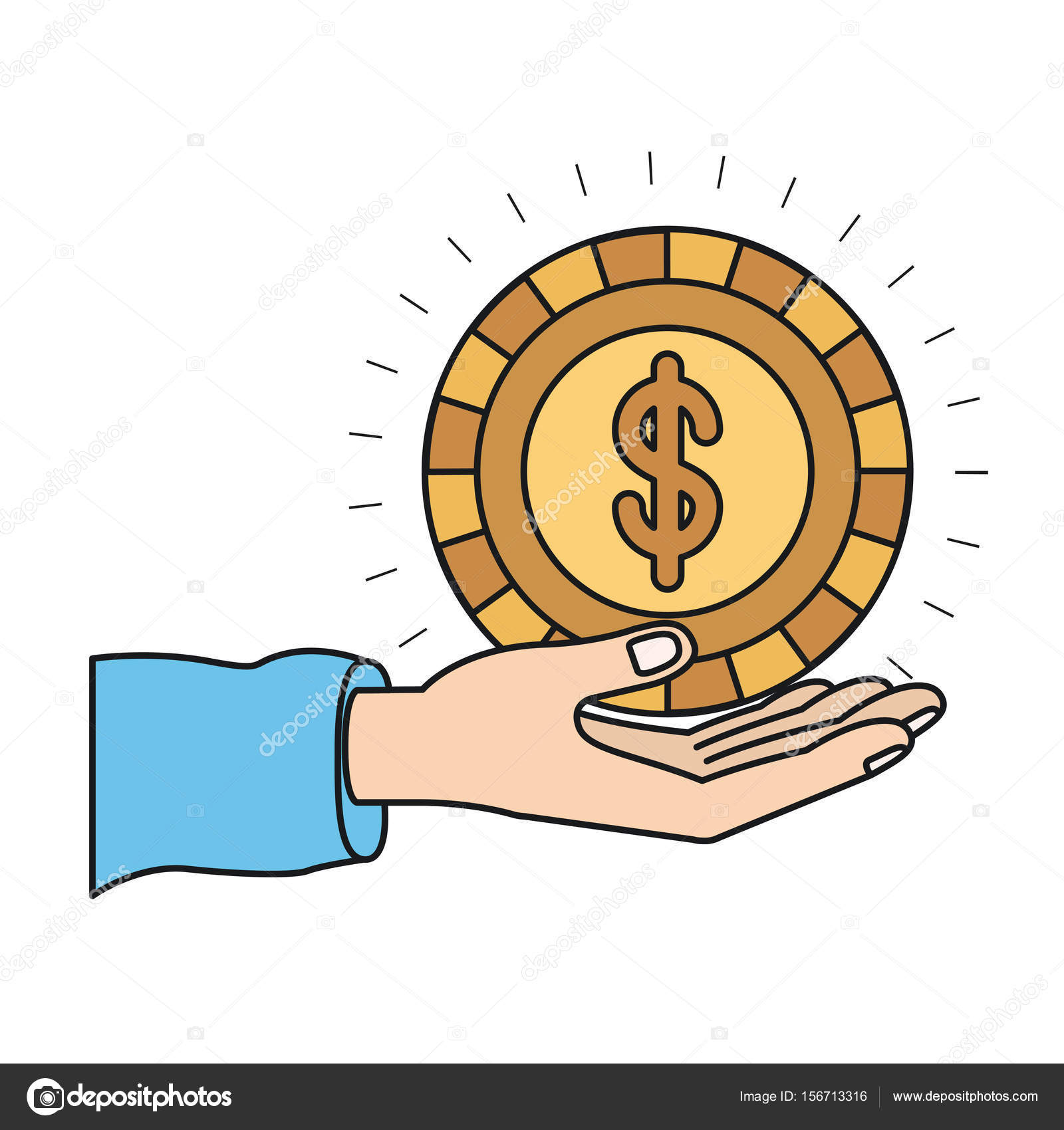 Palma della mano pittoresco sagoma dando una moneta con il simbolo del dollaro — Vettoriale Stock