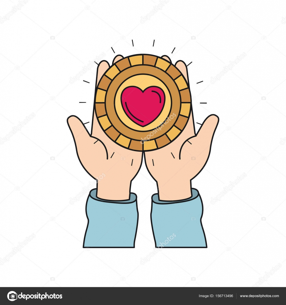 カラフルなシルエット正面手のひらで押し手のハート型の中にコイン ストックベクター ©grgroupstock 156713496