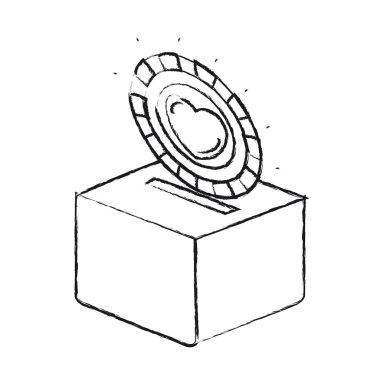 siluet düz madeni para ile bir karton kutu içinde para yatırmak içinde kalp sembol bulanık