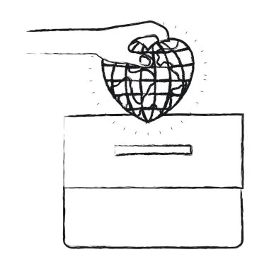 bulanık siluet önden görünümü el ile kalp şekli bir karton kutu içinde para yatırmak içinde düz küre Dünya