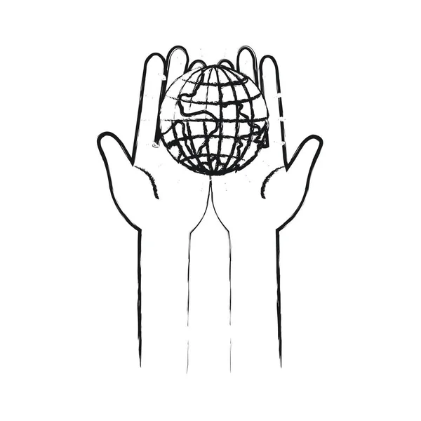 Размытый силуэт передний вид рук, держащих в ладонях мировой благотворительный символ Земли — стоковый вектор
