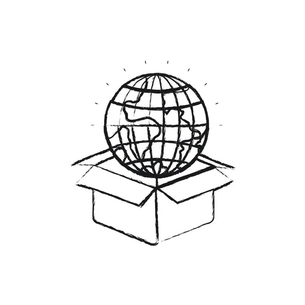 Mundo de la tierra globo silueta borrosa que sale de la caja de cartón — Archivo Imágenes Vectoriales