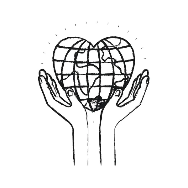 Blurred silhouette hands with floating earth globe world in heart shape — Stock Vector