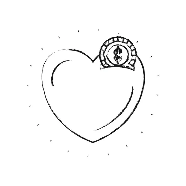 Размытый силуэт копилка в форме сердца с монетой с символом доллара — стоковый вектор