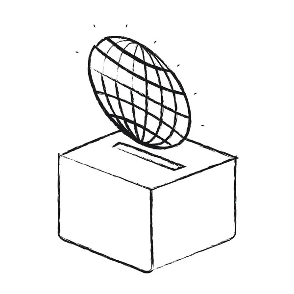 Silhueta borrada planície globo terra mundo gráfico depositando em uma caixa de papelão — Vetor de Stock