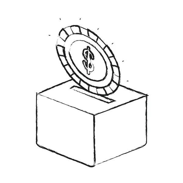 Розмита силуетна плоска монета з символом долара, що відкладається в картонній коробці — стоковий вектор
