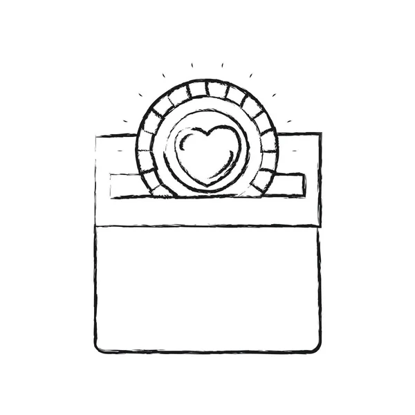 Niewyraźne sylwetka płaskie monet z serce symbol wewnątrz Deponowanie w prostokątne gniazdo pudełko kartonowe — Wektor stockowy