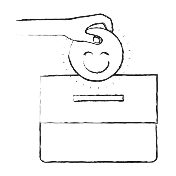 Silhueta borrada mão vista frontal com face plana feliz depositando em uma caixa de papelão — Vetor de Stock