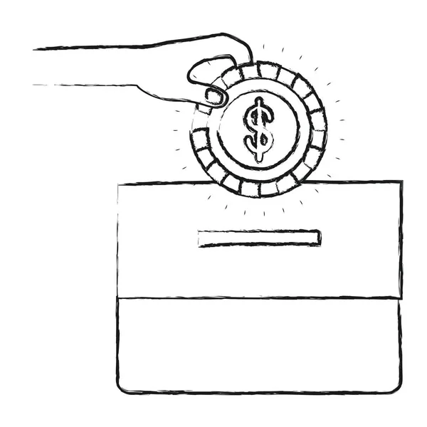 달러 기호는 판지 상자에서 예금 된 플랫 동전과 흐릿한 실루엣 전면 보기 손 — 스톡 벡터