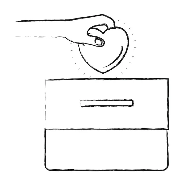 Silueta borrosa vista frontal mano con corazón plano depositando en una caja de cartón — Archivo Imágenes Vectoriales