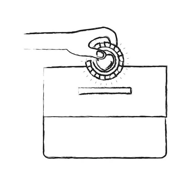 Silueta borrosa vista frontal mano con moneda plana con símbolo del corazón en el interior depositando en una caja de cartón — Archivo Imágenes Vectoriales