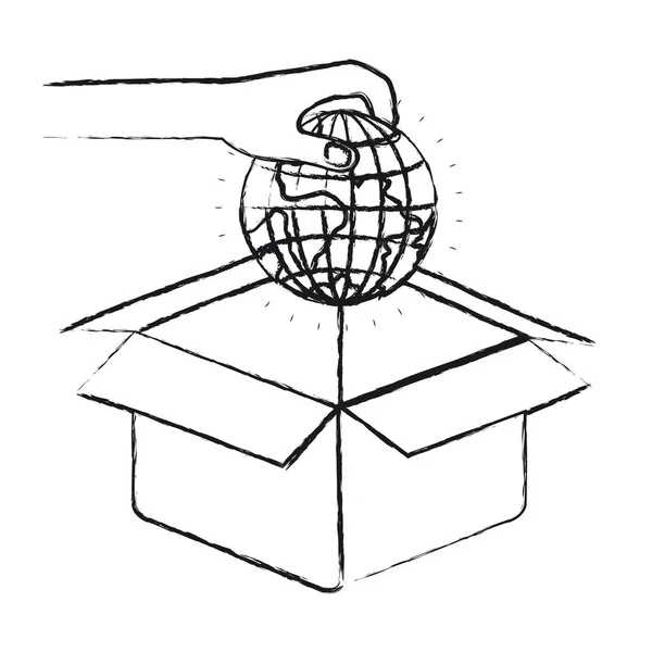Mano sagoma sfocata in possesso di un mondo globo terra da depositare in scatola di cartone — Vettoriale Stock