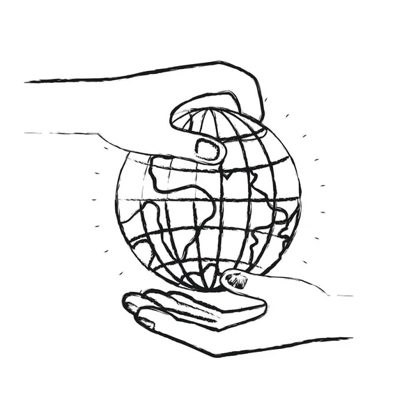 Rozmazané silueta boční pohled na dlaň člověka drží symbol země světa svět charity v druhé — Stockový vektor