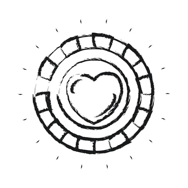 Silueta borrosa vista frontal moneda con símbolo del corazón en el interior — Vector de stock