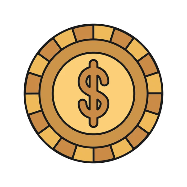 Pohled zepředu na zlaté mince s symbol dolaru uvnitř barevné silueta — Stockový vektor