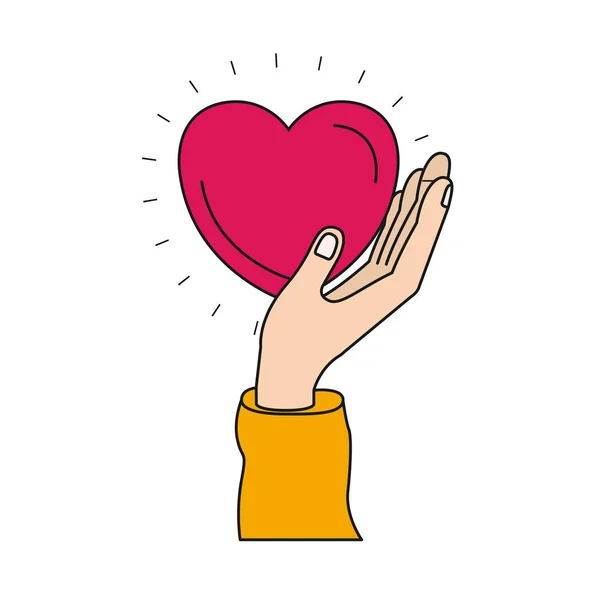 Silueta colorida vista lateral de la mano sosteniendo en la palma un símbolo de caridad corazón — Vector de stock
