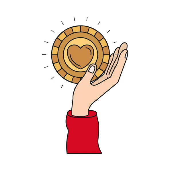 Kezében a palm egy pénzérme és szív alakú szimbólum szeretet belül színes sziluettje oldalnézete — Stock Vector