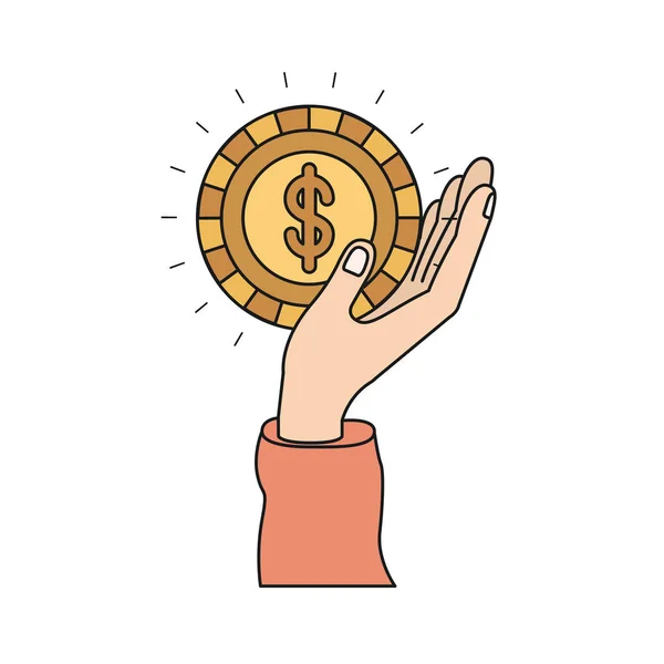 Färgglad silhuetten sida uppfattning av hand som håller i palm ett mynt med dollarn symbolen inuti — Stock vektor