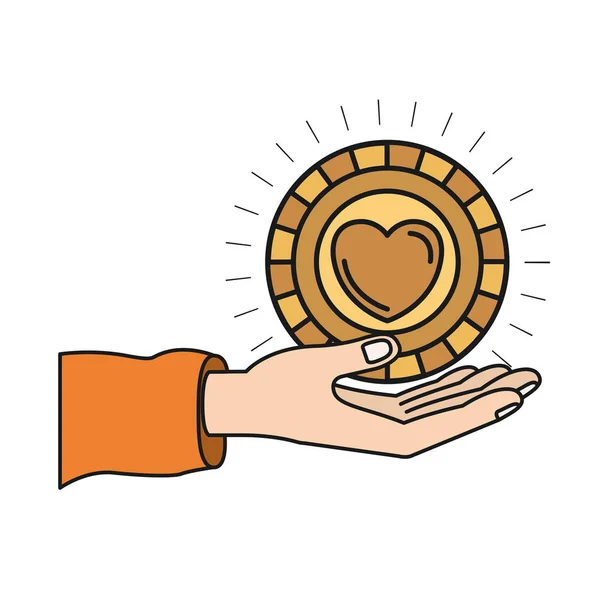 Színes sziluettje kézzel palm ad egy pénzérme és szív alakú szimbólum szeretet belső — Stock Vector
