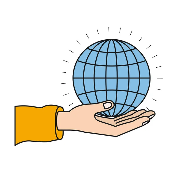 Colorful silhouette hand palm giving a globe chart charity symbol — Stock Vector