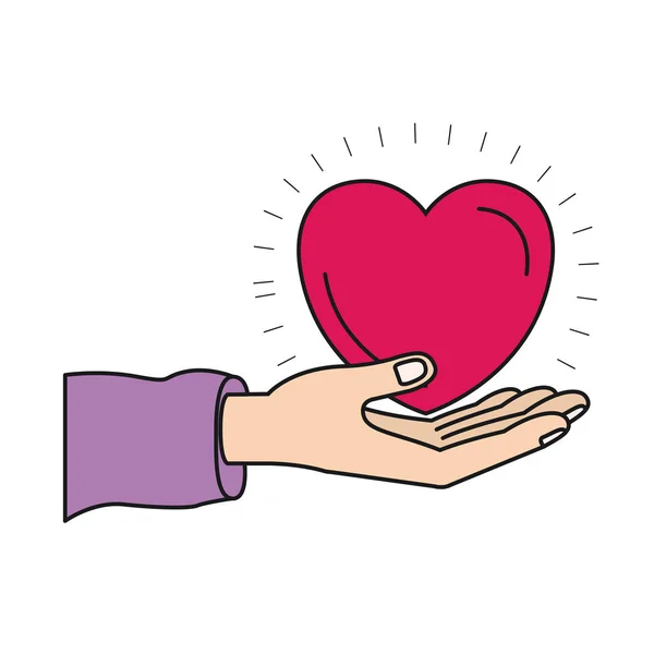 Colorful silhouette hand palm giving a heart charity symbol — Stock Vector