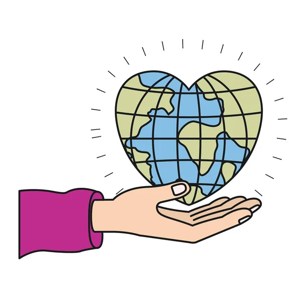 Main de silhouette colorée palme donnant un monde globe terrestre en forme de coeur — Image vectorielle