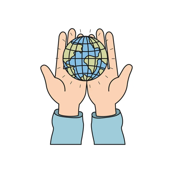 Sagoma colorata vista frontale di mani che tengono in palme un globo terrestre simbolo di carità mondiale — Vettoriale Stock