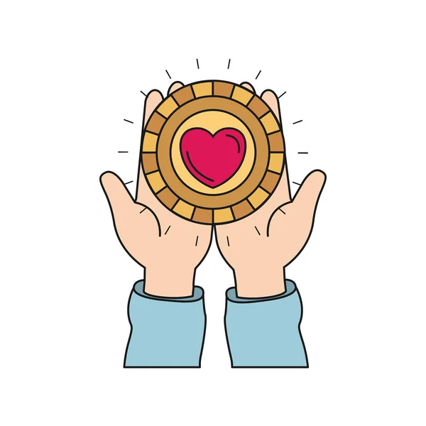 Silueta colorida vista frontal de las manos sosteniendo en las palmas una moneda con forma de corazón en el interior — Vector de stock