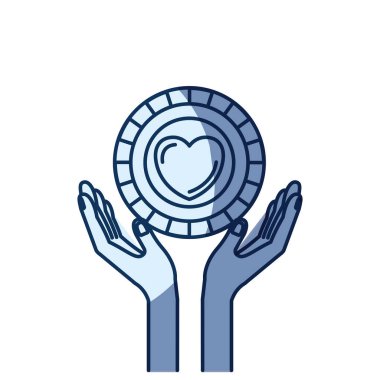 mavi renk siluet gölgelendirme sikke kalp şeklinde sadaka sembol içinde yüzen ile el