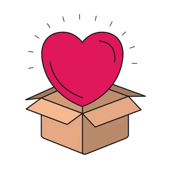 Silhouette colorée gros coeur sortant de la boîte en carton — Image vectorielle