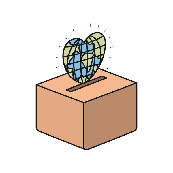 Barevné silueta plochý glóbus země světa v srdce tvar uložení v krabičce — Stockový vektor